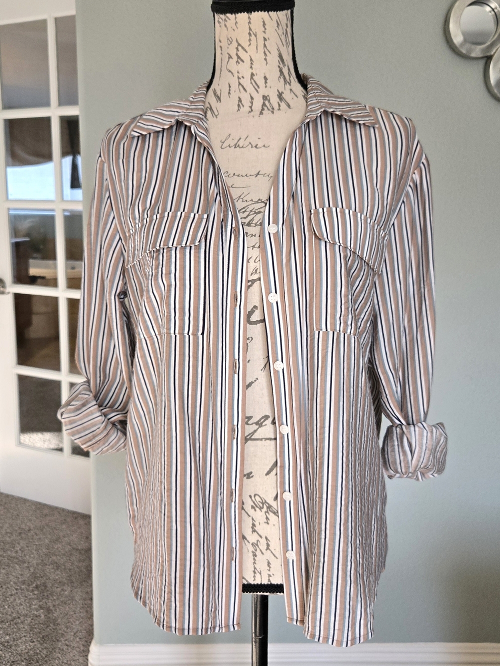 Pleione Striped Button-Down Shirt in Tan, White, Light Blue & Black